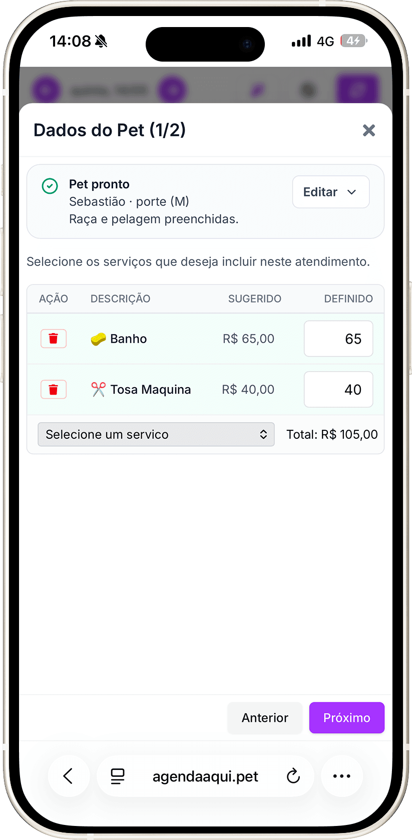 Tela do agendaaqui.pet: Dados do pet, serviços e valores