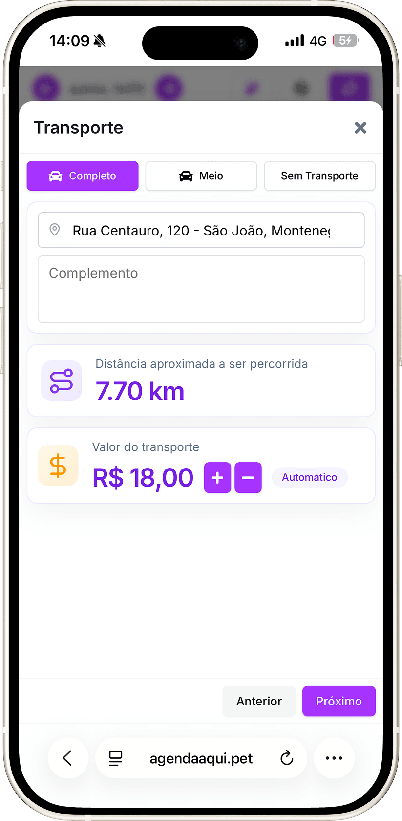 Tela do agendaaqui.pet: Transporte com endereço, distância e valor